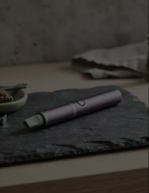 Purple rechargeable vape pen resting on slate