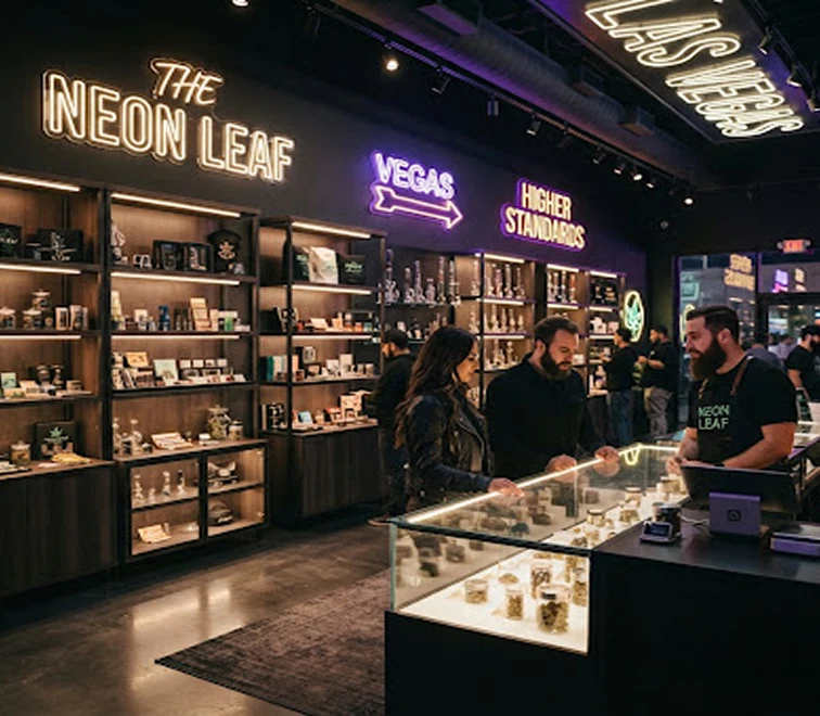 Customers and staff at the glass counter inside the neon-lit Much Love Las Vegas store