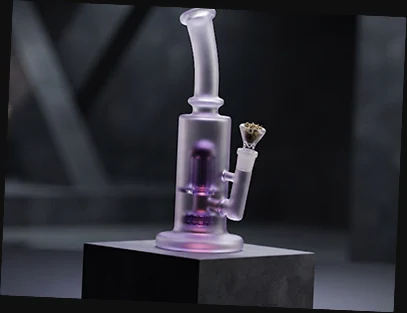 Frosted Aura handblown glass rig with a purple showerhead percolator