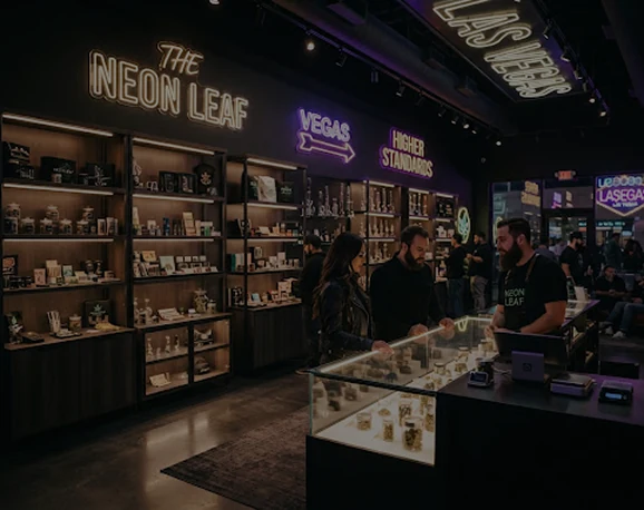 Neon signs and display shelves inside the Much Love Las Vegas storefront